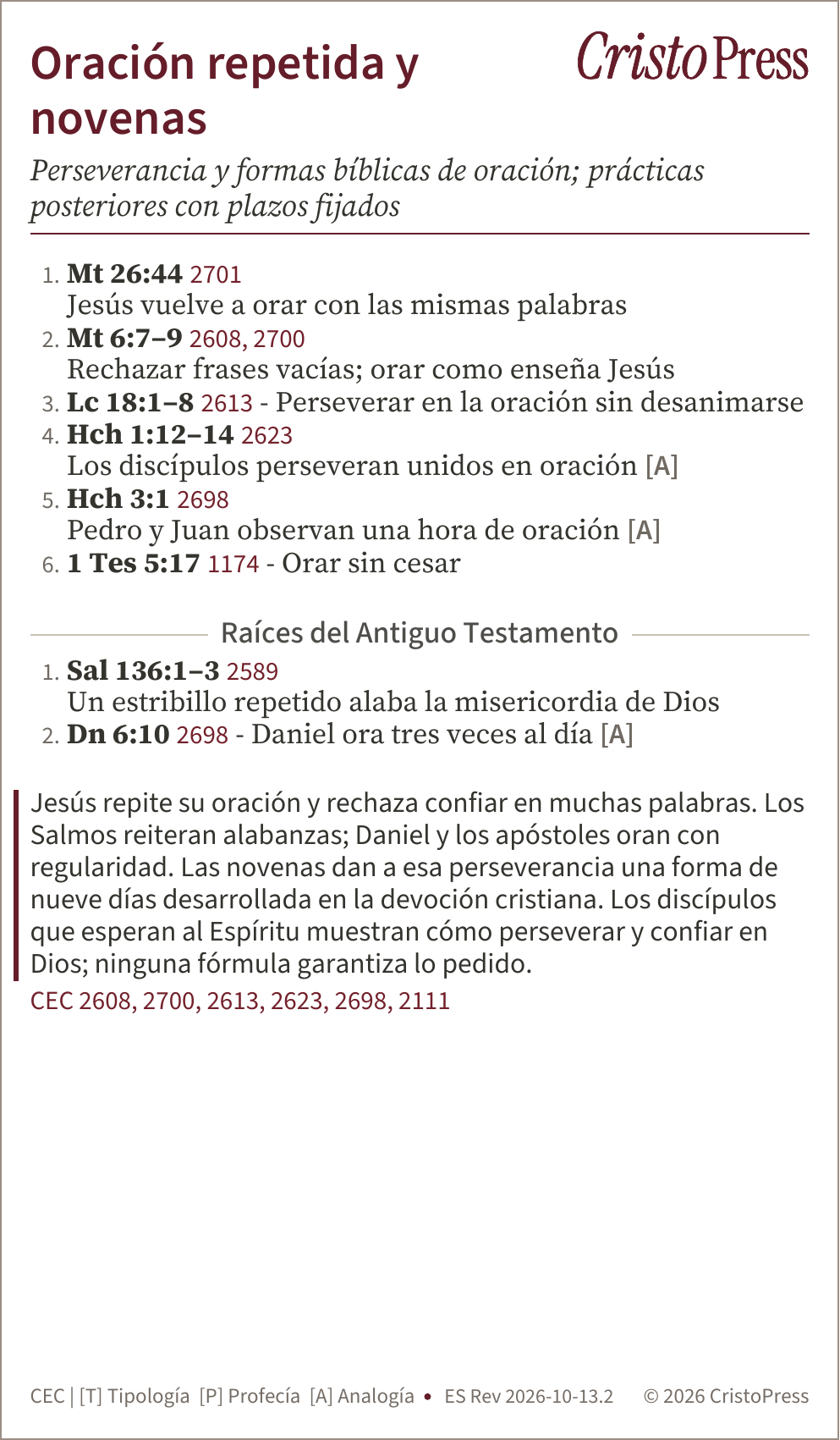 Ficha de bolsillo: Oración repetida y novenas, de Devociones y prácticas.